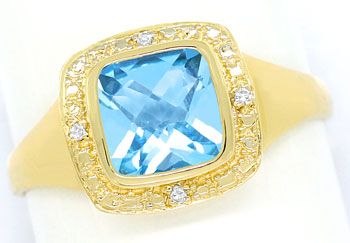 Foto 1 - Diamantring mit blauem Topas im Kissenschliff, Gelbgold, R7631